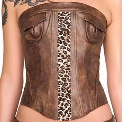 Brow Pu Printed Patchwork Corset And Mini Skirt Set