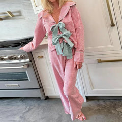 Plaid Bow Tie Shirt and Pants Lounge Set