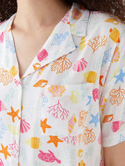 Ocean Print Button T-Shirt and Elastic Shorts Loungewear Set