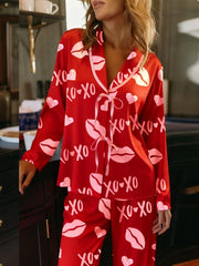 Long Sleeve Heart Lip Print Shirt and Pants Sleepwear Set
