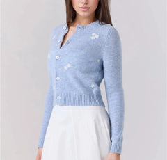 Blue Embroidery Flower Button Cardigan