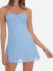 Blue Sequin Spaghetti Strap Mini Dress