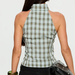 Gingham Sleeveless Lapel Neck Button Down Top