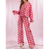 Strawberry Print Lace-up Button-up Shirt with Pockets And Pants Loungewear Set