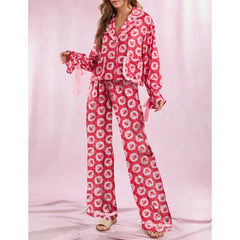 Strawberry Print Lace-up Button-up Shirt with Pockets And Pants Loungewear Set