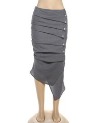 Ruched Bottom Button Zip Mid-Calf Skirts