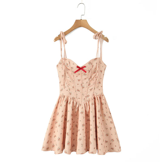 Orange Floral Print Bow Tie Up Mini Dress