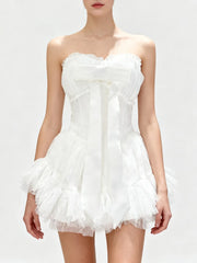 Bowknot Strapless Lace Tulle Mini Dress