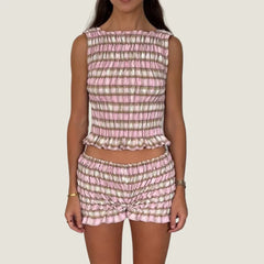 Elastic Plaid Ruched Crop Top And Shorts Set
