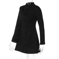 Solid V-Neck Long Sleeve High Neck Buttoned Mini Dress