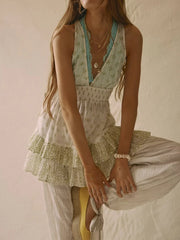 Floral Printed Open Back Halter Mini Dress