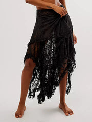 Lace Ruffle Sheer Asymmetrical Hemline Midi Skirt