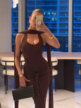 Brown Halter Neck Tie Up Folds With Neck Scarf Long Dress