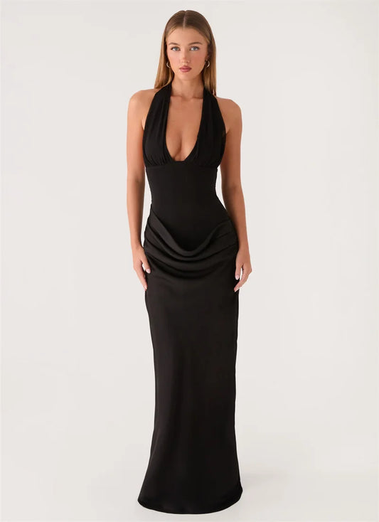 Halter Backless Tie Draped Waist Satin Maxi Dress