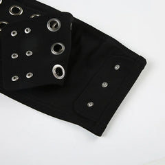 Black Metal Eyelets Tube Top And Low Waist Shorts Set