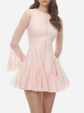 Lace Sheer Pleated Buttoned Long Sleeve Mini Dress
