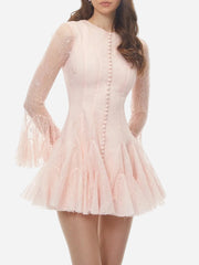 Lace Sheer Pleated Buttoned Long Sleeve Mini Dress