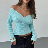 Blue Off Shoulder Wrap V-Neck Long Sleeve Ribbed Top