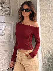 Off-Shoulder Long Sleeve Side Button Top