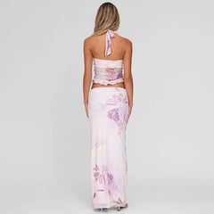 Mesh Print Halter Tank Top And Maxi Skirt Set