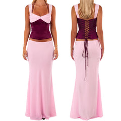 Women's floral lace-up corset crop top and matching mermaid long skirt set.