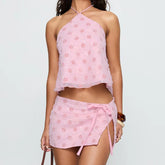 Pink Printed Tie-Up Top And Mini Skirt Set