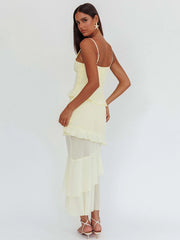 Spaghetti Strap 3D Rose V Neck Ruffle Maxi Dress