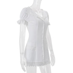 White Lace Ruffled Short Sleeve Buttoned Mini Dress