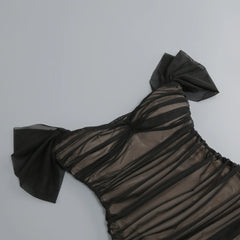 Black Mesh Off-shoulder Pleated Long Dress