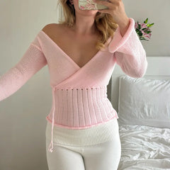 Long Sleeve Knitted Wrap Tie Up Multi Way Top