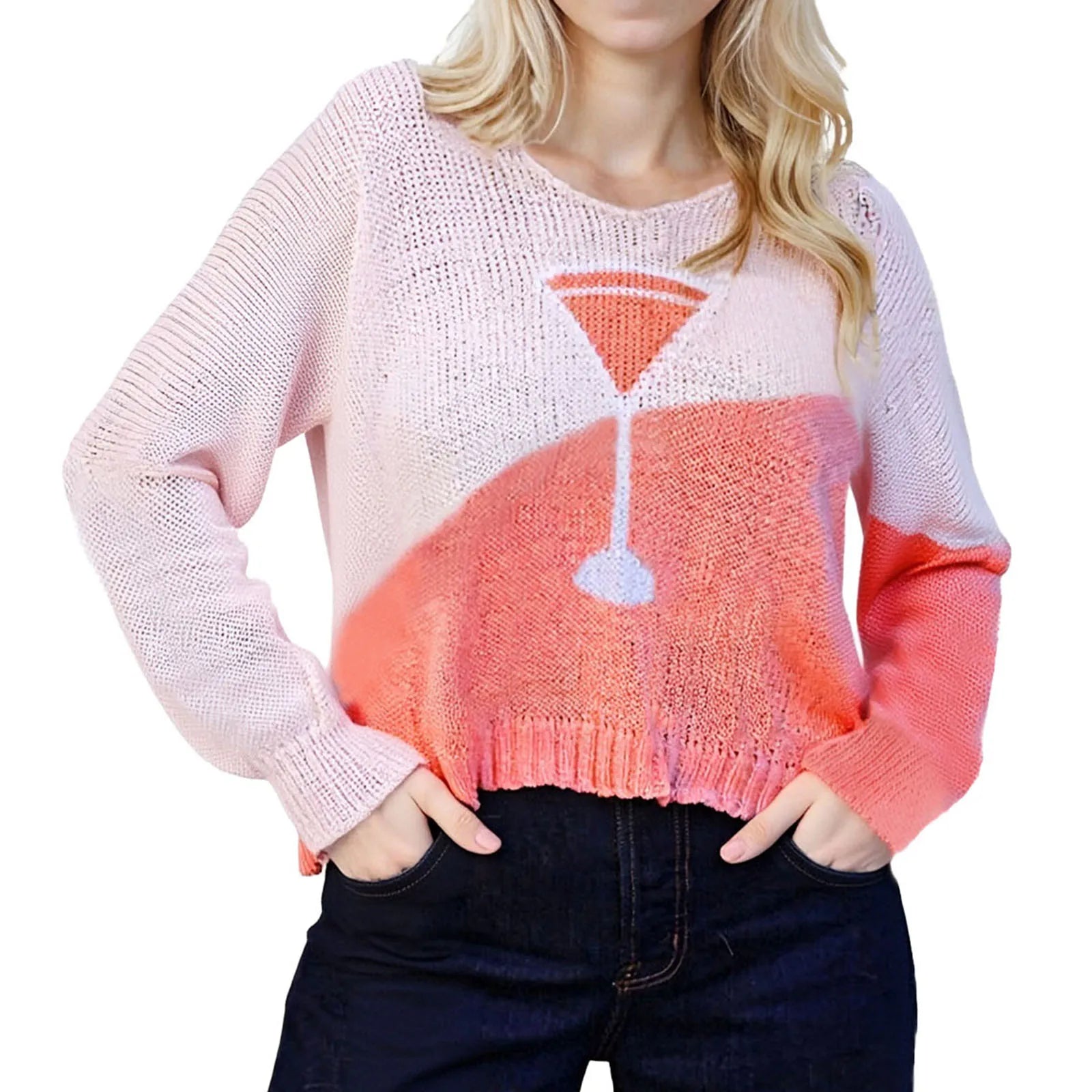 Person wearing a pink and orange sweater with a drink graphic on a white background