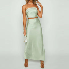 Satin Strapless Crop Top & Long Skirt Set