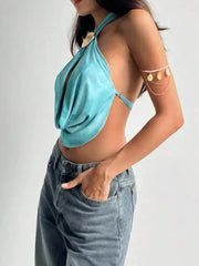 Blue Halter Shell Cowl Crop Top