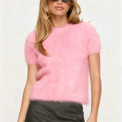 Fuzzy Cropped Short Sleeve Top