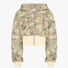 Camouflage Zipper Crop Hoodie, Tube Top, And Shorts, Sweatpants Set