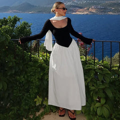 Long Sleeve Contrast Flare With Neck Scarf Maxi Dress