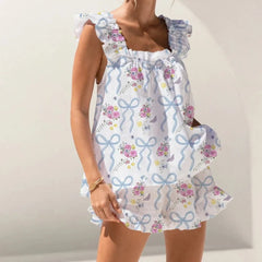 Bow Print Ruffled Trim Sleeveless Top and Shorts Lounge Wear Set