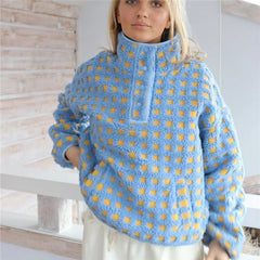 Long Sleeve Stand Collar Checkered Pullover Jacket