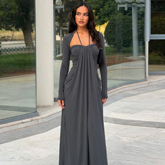 Long Sleeve Draped Tie Neck Maxi Dress