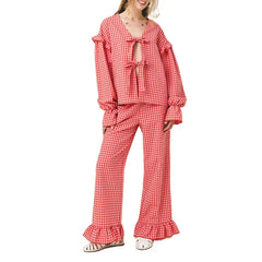 Red Plaid Bow-Tied Top with Ruffled Flare Long Pants Set