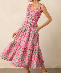 Pink Ruched Printed Maxi Dress