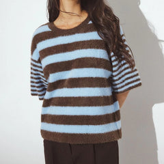 Half Sleeve Round Neck Striped Knit Top