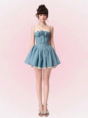 Blue Flower Applique Polka Dot Boned Corset Ruffle Mini Dress