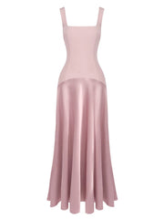 Pink Square Neck Straps Satin Patchwork Maxi Dress