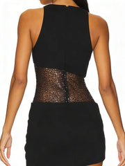 Black Sequin Sheer Patchwork Sleeveless Mini Dress