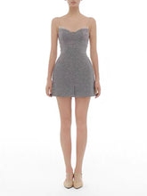 Grey Stripe Sleeveless Rhinestone Mini Dress