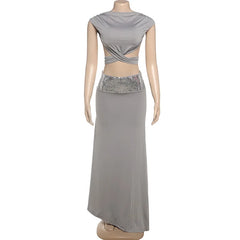 Open Back Top And Sequin Strap Long Skirt Set