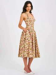 Floral Printed Neck Mounted A-line Midi Dress