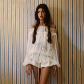 White Lace Trim Off-shoulder Ruffle Cuff Lantern Sleeve Top