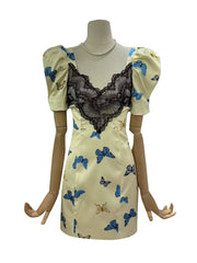Yellow Butterfly Print Puff Sleeve Lace Trim Mini Dress